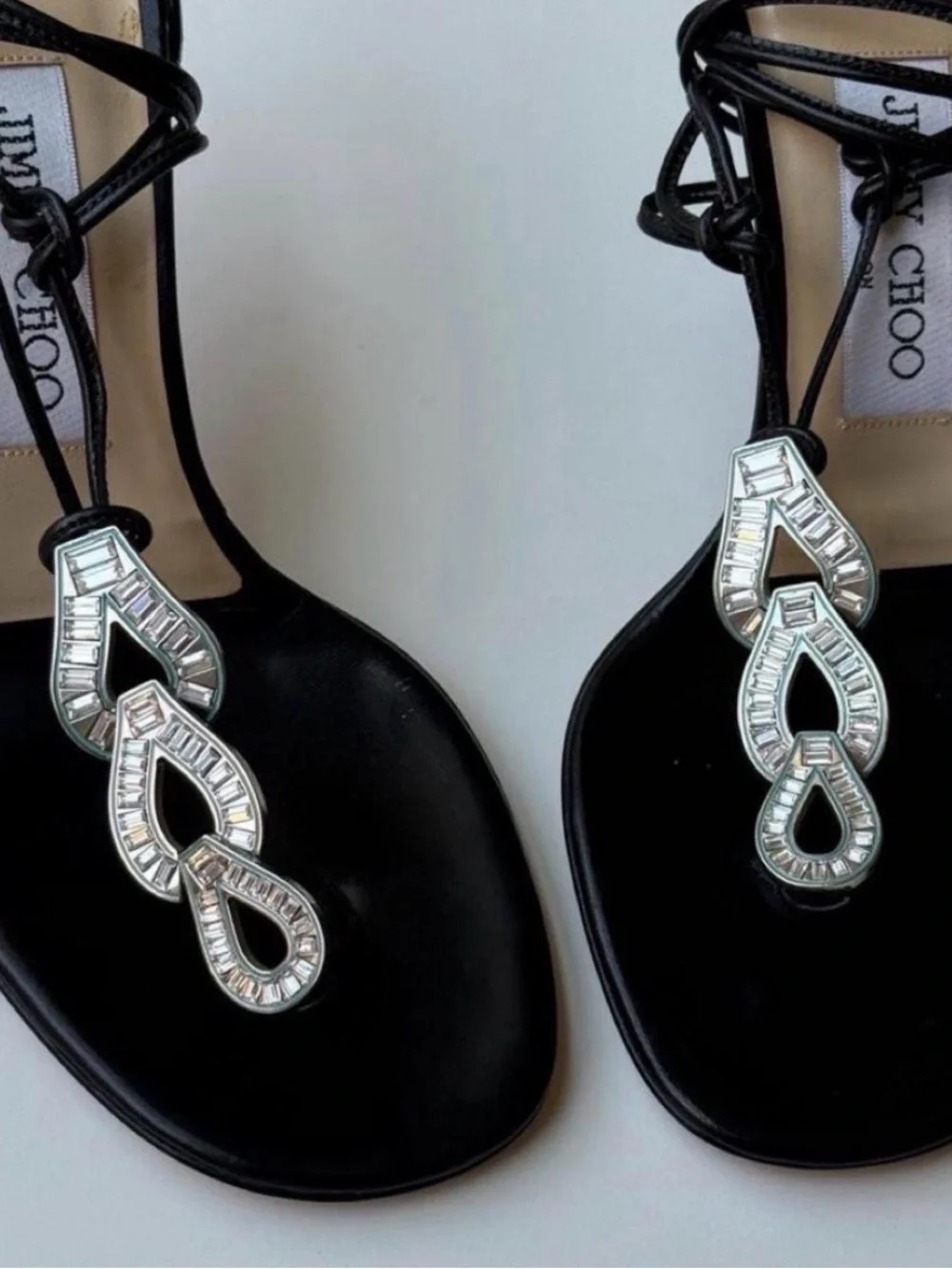 Jimmy Choo Black Leather Crystal-Link Strappy Heels